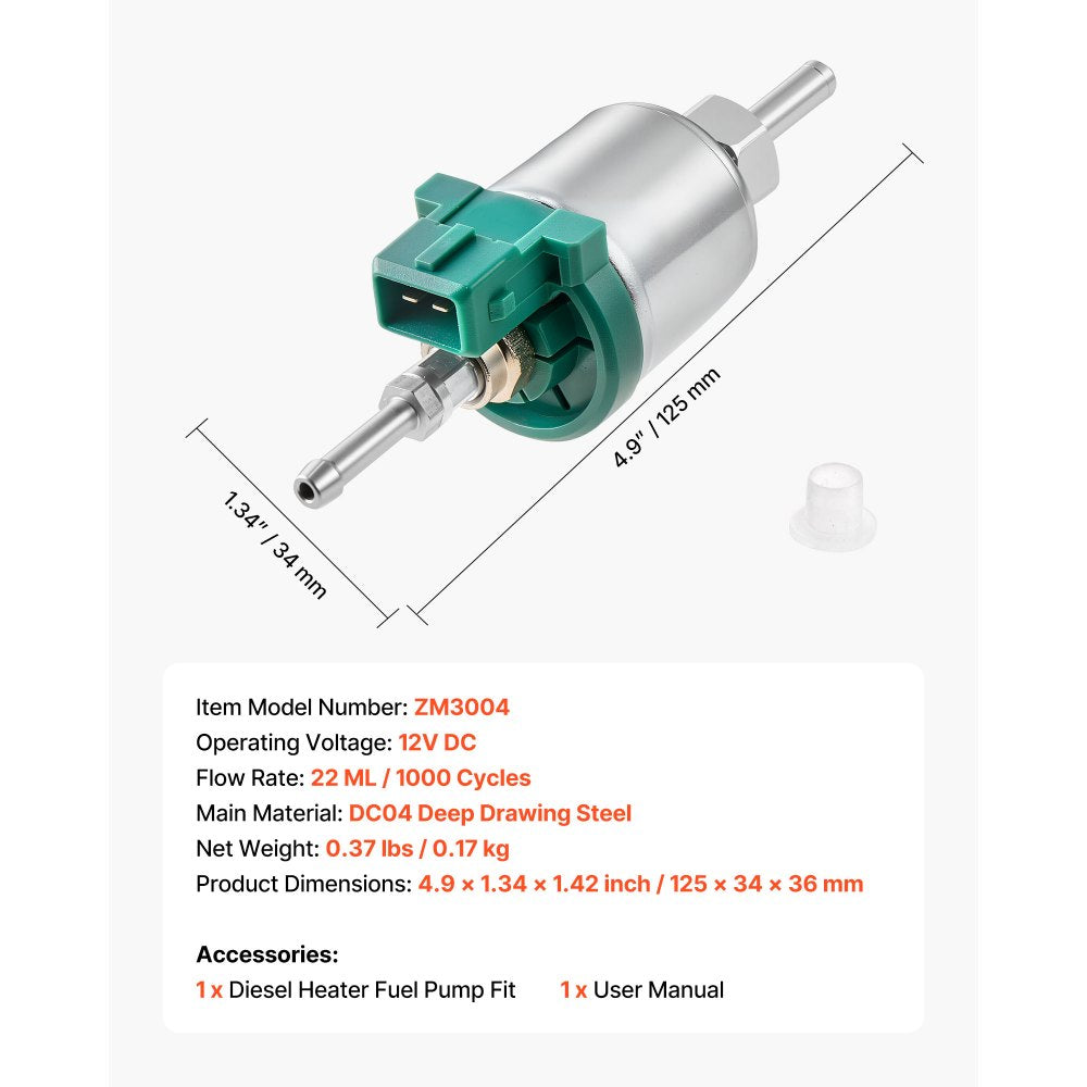 VEVOR Diesel Heater Fuel Pump, 12V DC Car Air Heater Diesel Fuel Dosing Pump, 22ML Aluminum Air Diesels Parking Heaters Pumps Fits for 2KW 5KW 8KW Diesels Heaters, Quiet Design, Pulse Technology
