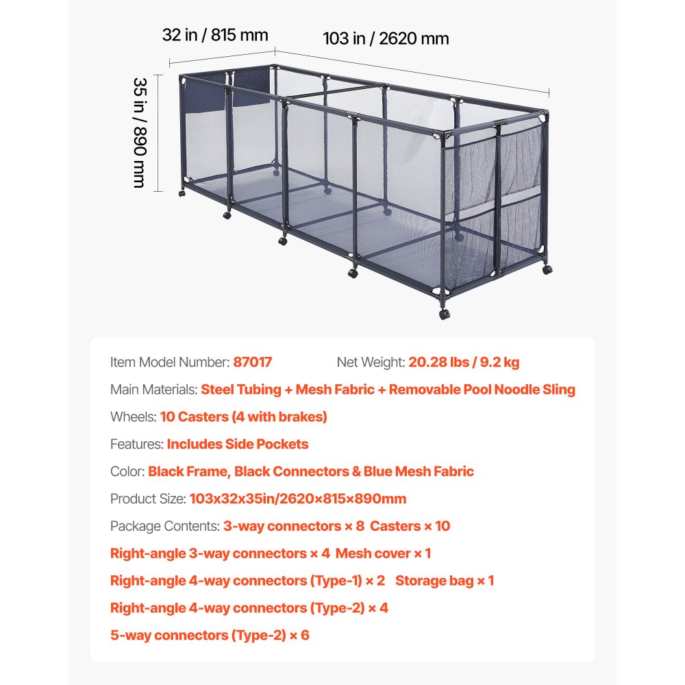 VEVOR Pool Storage Bin, 103 x 32 x 35 in, Rolling Pool Float Storage Organizer with Side Pockets & Noodles Holder, Durable Metal Frame, Poolside Toys Breathable Mesh Basket for Swimming Pools