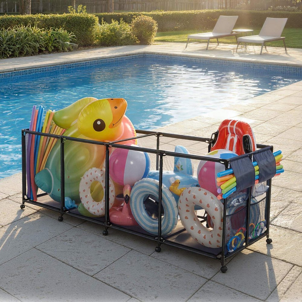 VEVOR Pool Storage Bin, 103 x 32 x 35 in, Rolling Pool Float Storage Organizer with Side Pockets & Noodles Holder, Durable Metal Frame, Poolside Toys Breathable Mesh Basket for Swimming Pools