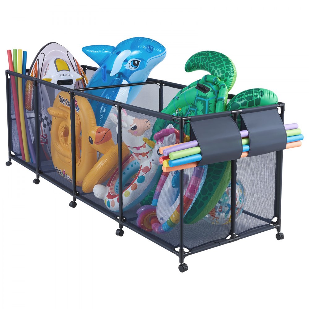 VEVOR Pool Storage Bin, 103 x 32 x 35 in, Rolling Pool Float Storage Organizer with Side Pockets & Noodles Holder, Durable Metal Frame, Poolside Toys Breathable Mesh Basket for Swimming Pools