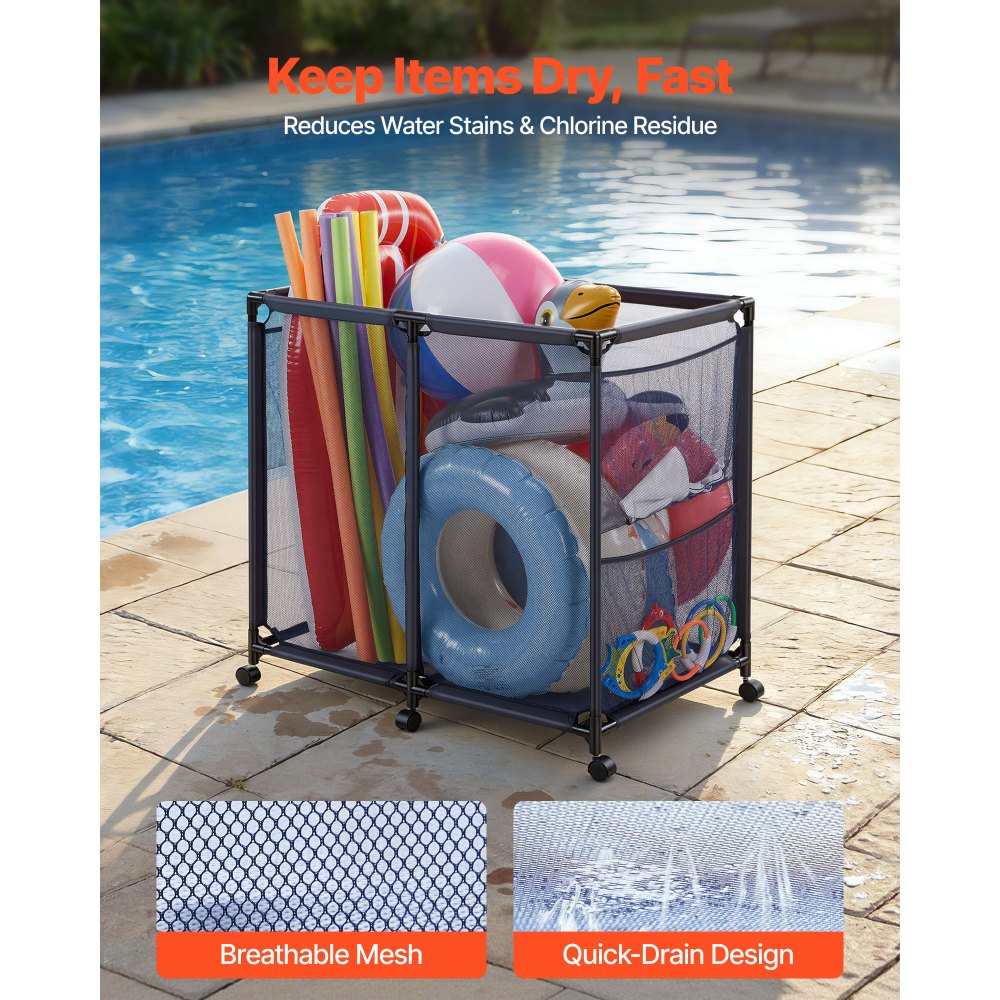 VEVOR Pool Storage Bin, 36.8 x 24 x 35.6 in, Rolling Pool Float Storage Organizer with Side Pockets & Casters, Heavy Duty Metal Frame, Poolside Toys Noodles Holder Mesh Basket for Swimming Pools