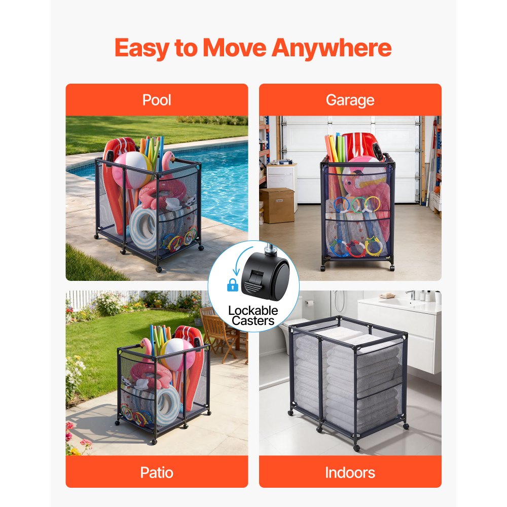 VEVOR Pool Storage Bin, 36.8 x 24 x 35.6 in, Rolling Pool Float Storage Organizer with Side Pockets & Casters, Heavy Duty Metal Frame, Poolside Toys Noodles Holder Mesh Basket for Swimming Pools