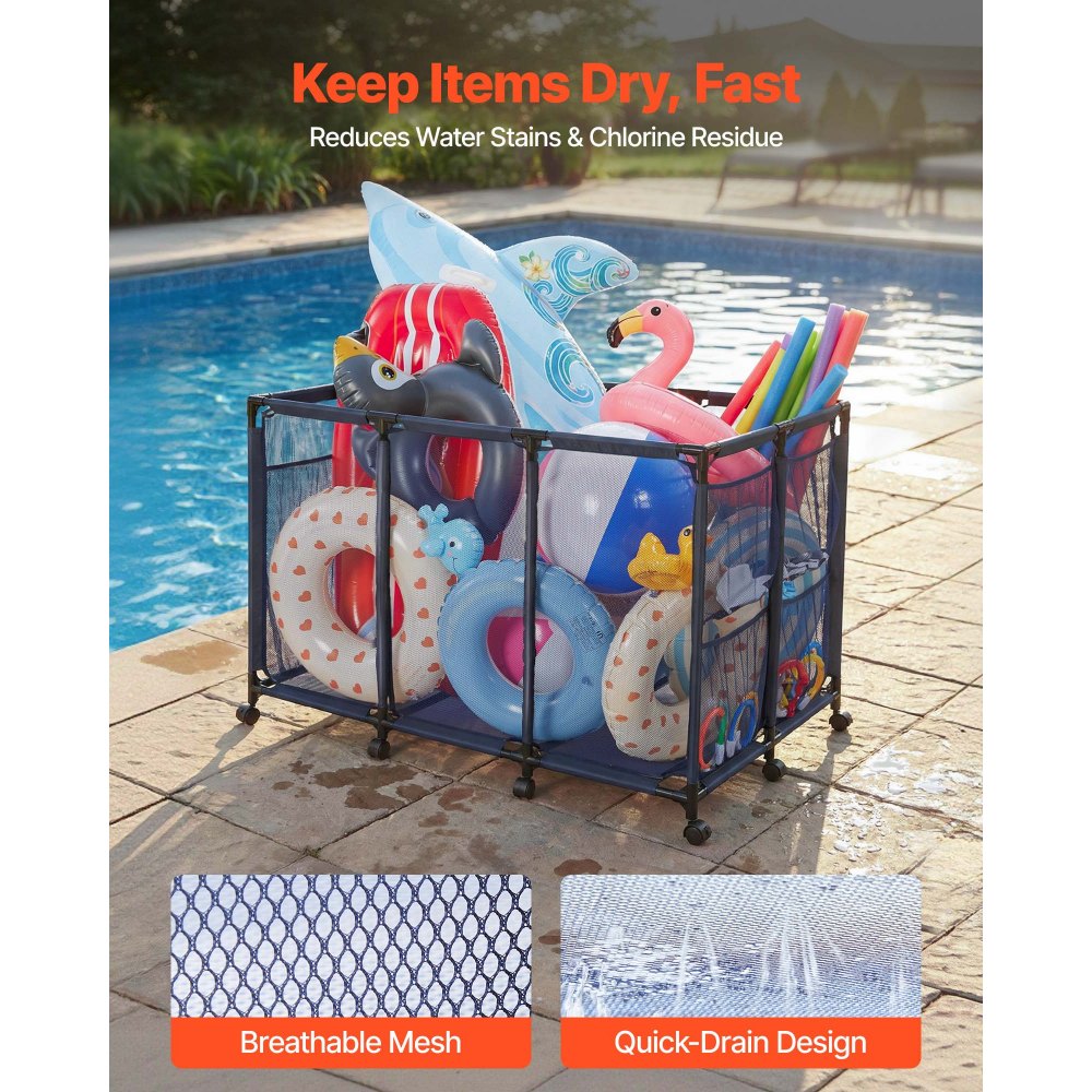 VEVOR Pool Storage Bin, 48.8 x 32.7 x 32.7 in, Rolling Pool Float Storage Organizer with Side Pockets & Casters, Heavy Duty Metal Frame, Poolside Toys Noodles Holder Mesh Basket for Swimming Pools