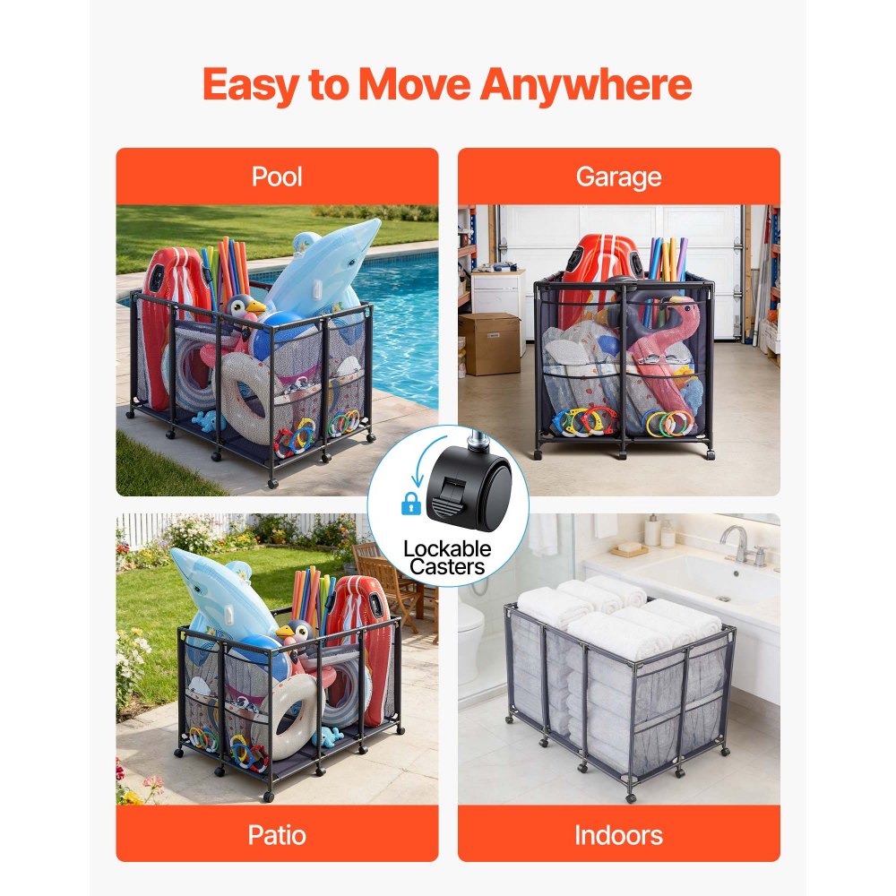 VEVOR Pool Storage Bin, 48.8 x 32.7 x 32.7 in, Rolling Pool Float Storage Organizer with Side Pockets & Casters, Heavy Duty Metal Frame, Poolside Toys Noodles Holder Mesh Basket for Swimming Pools