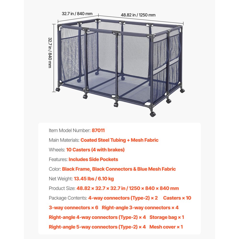VEVOR Pool Storage Bin, 48.8 x 32.7 x 32.7 in, Rolling Pool Float Storage Organizer with Side Pockets & Casters, Heavy Duty Metal Frame, Poolside Toys Noodles Holder Mesh Basket for Swimming Pools