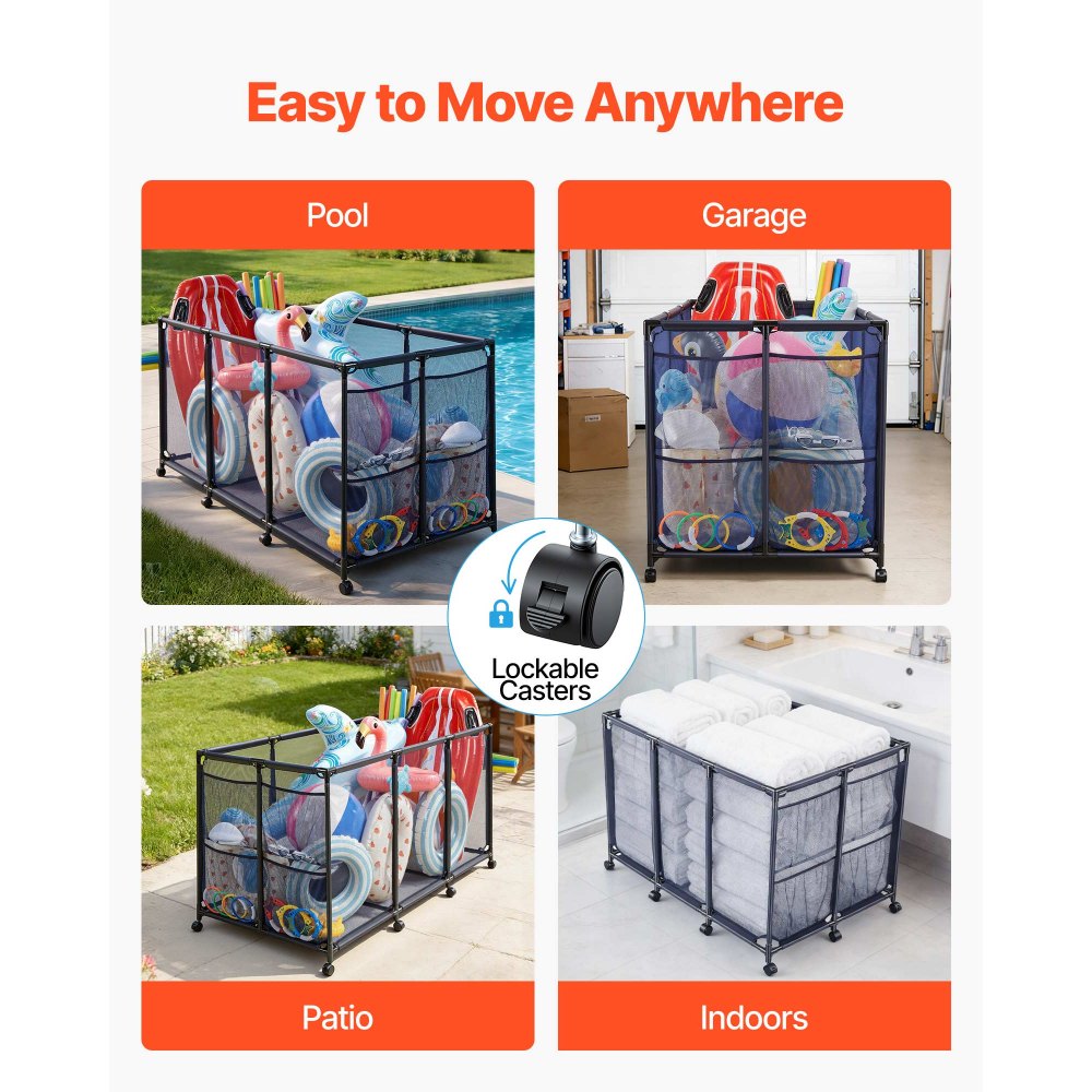 VEVOR Pool Storage Bin, 69 x 32 x 35 in, Rolling Pool Float Storage Organizer with Side Pockets & Noodles Holder, Durable Metal Frame, Poolside Toys Breathable Mesh Basket for Swimming Pools
