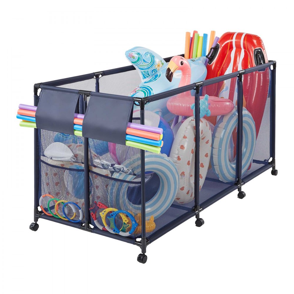 VEVOR Pool Storage Bin, 69 x 32 x 35 in, Rolling Pool Float Storage Organizer with Side Pockets & Noodles Holder, Durable Metal Frame, Poolside Toys Breathable Mesh Basket for Swimming Pools