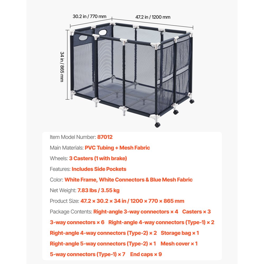 VEVOR Pool Storage Bin, 47.2 x 30.2 x 34 in, Rolling Pool Float Storage Organizer with Side Pockets & Casters, Heavy Duty Plastic Frame, Poolside Toys Noodles Holder Mesh Basket for Swimming Pools