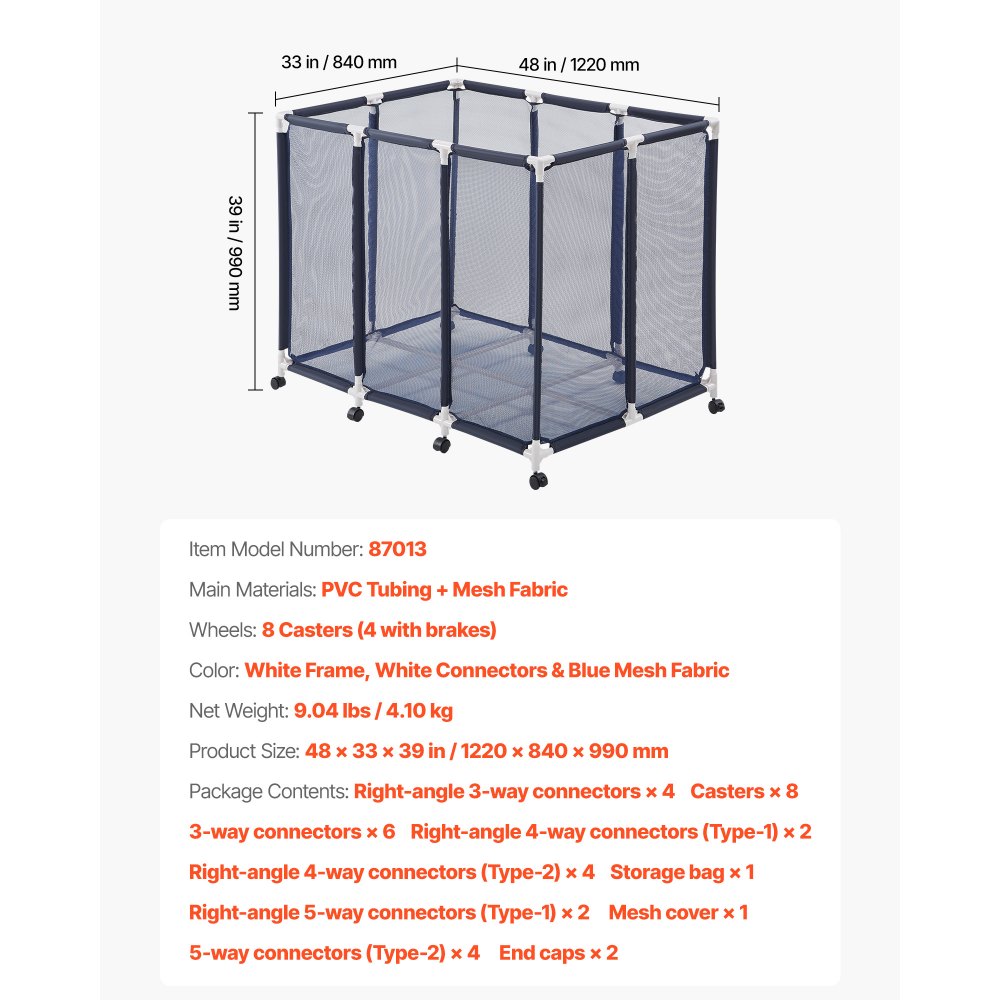 VEVOR Pool Storage Bin, 48 x 33 x 39 in, Rolling Pool Float Storage Organizer with Casters, Durable Plastic Frame, Poolside Toys Noodles Holder, Breathable Mesh Basket for Swimming Pools