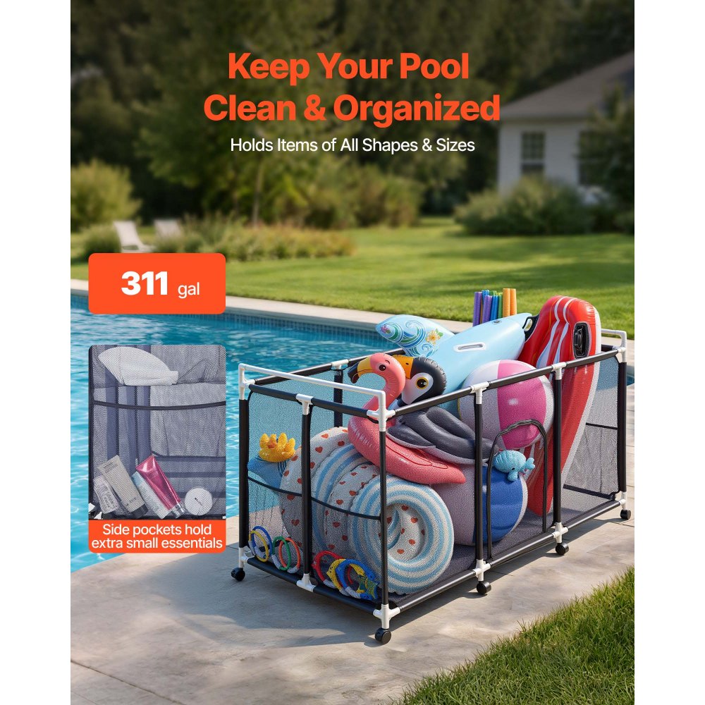 VEVOR Pool Storage Bin, 62.6 x 32 x 36 in, Rolling Pool Float Storage Organizer with Side Pockets & Casters, Durable Plastic Frame, Poolside Toys Noodles Holder Mesh Basket for Swimming Pools