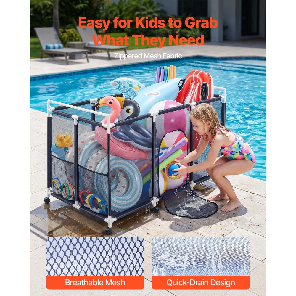 VEVOR Pool Storage Bin, 62.6 x 32 x 36 in, Rolling Pool Float Storage Organizer with Side Pockets & Casters, Durable Plastic Frame, Poolside Toys Noodles Holder Mesh Basket for Swimming Pools