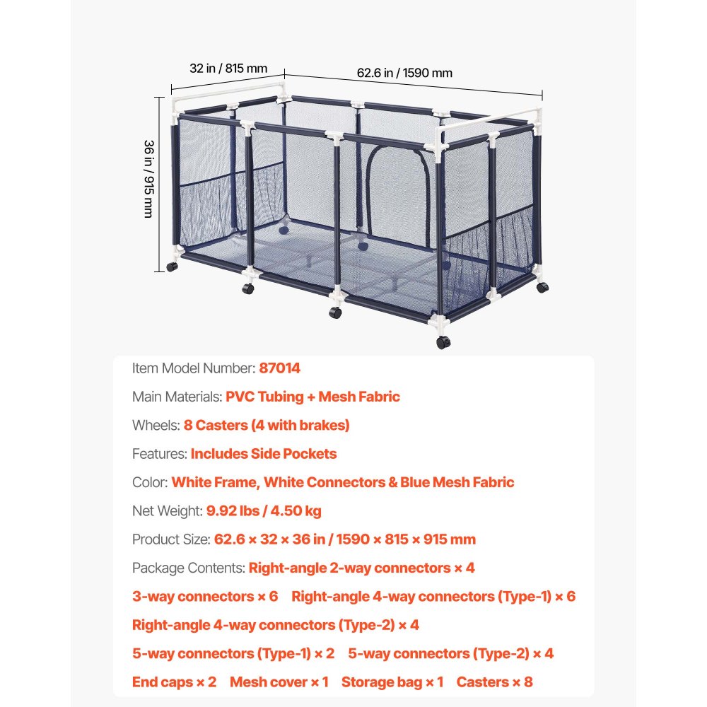 VEVOR Pool Storage Bin, 62.6 x 32 x 36 in, Rolling Pool Float Storage Organizer with Side Pockets & Casters, Durable Plastic Frame, Poolside Toys Noodles Holder Mesh Basket for Swimming Pools
