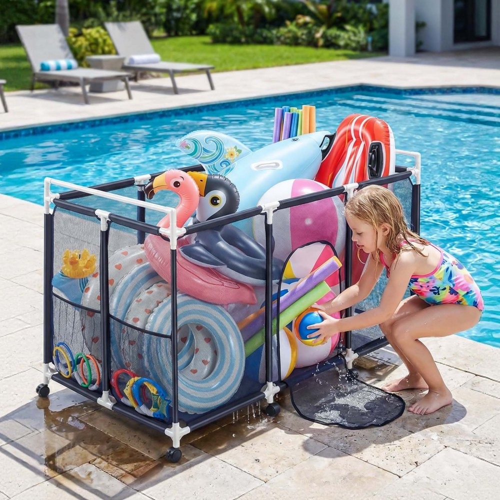 VEVOR Pool Storage Bin, 62.6 x 32 x 36 in, Rolling Pool Float Storage Organizer with Side Pockets & Casters, Durable Plastic Frame, Poolside Toys Noodles Holder Mesh Basket for Swimming Pools