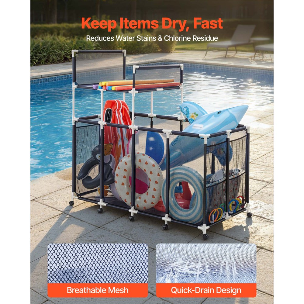 VEVOR Pool Storage Bin, 64.96 x 33.46 x 64.96 in, Rolling Pool Float Storage Organizer with Side Pockets & Noodles Holder Rack, Durable Plastic Frame, Poolside Toys Mesh Basket for Swimming Pools