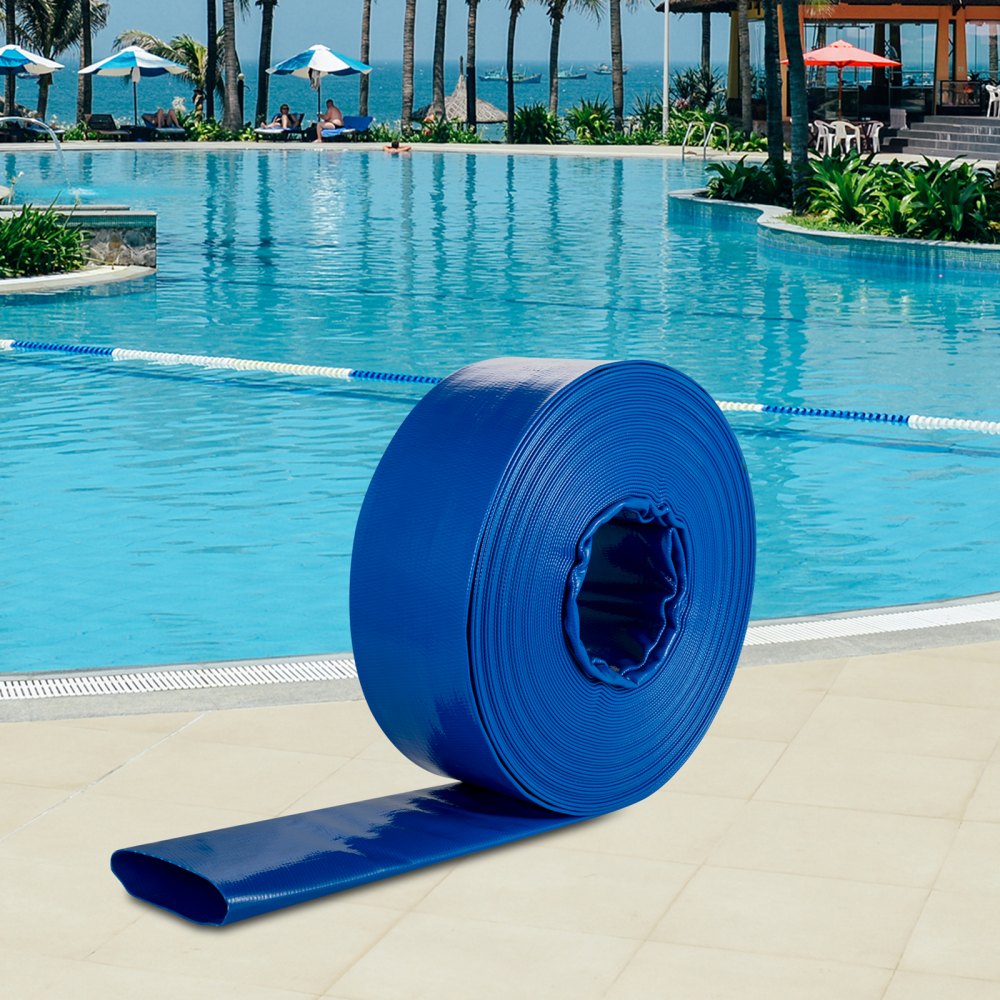 VEVOR Discharge Hose, 4\" x 105\', PVC Lay Flat Hose, Heavy Duty Backwash Drain Hose with Clamps, Weather-proof & Burst-proof, Ideal for Swimming Pool & Water Transfer, Blue