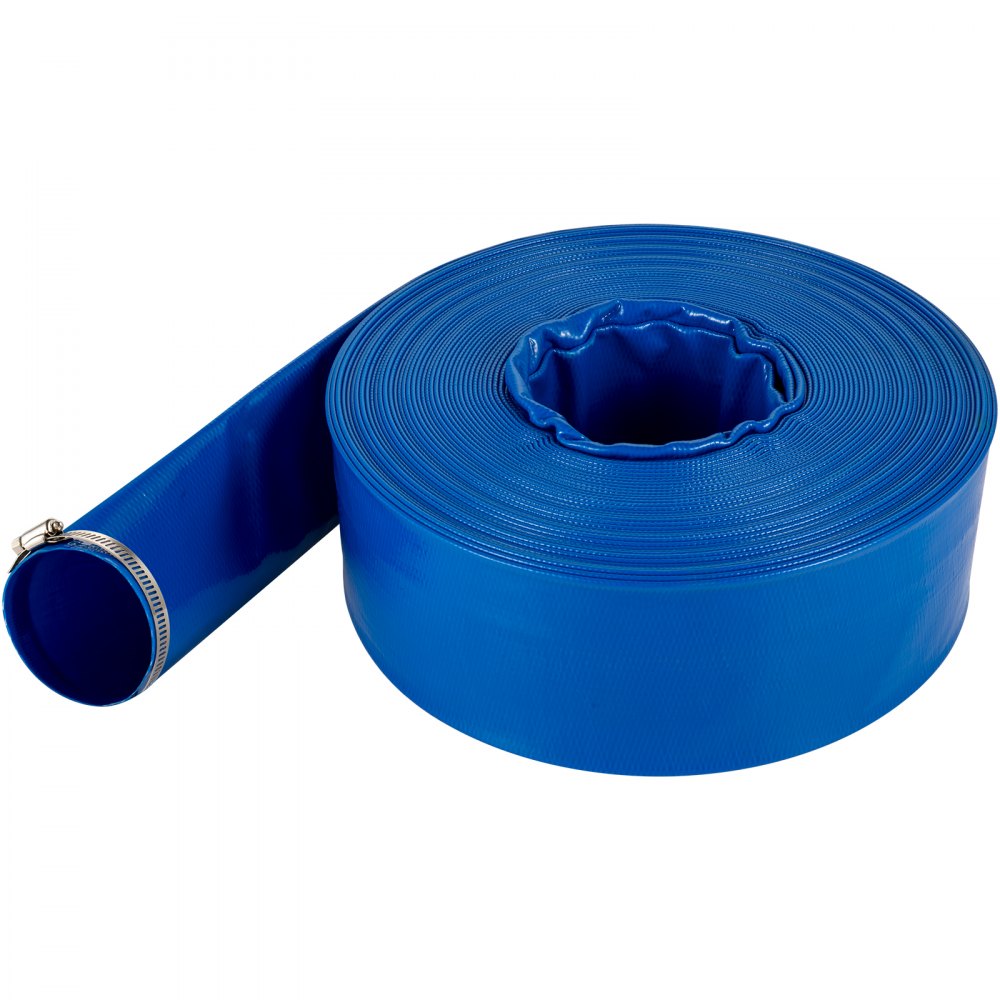 VEVOR Discharge Hose, 4\" x 105\', PVC Lay Flat Hose, Heavy Duty Backwash Drain Hose with Clamps, Weather-proof & Burst-proof, Ideal for Swimming Pool & Water Transfer, Blue