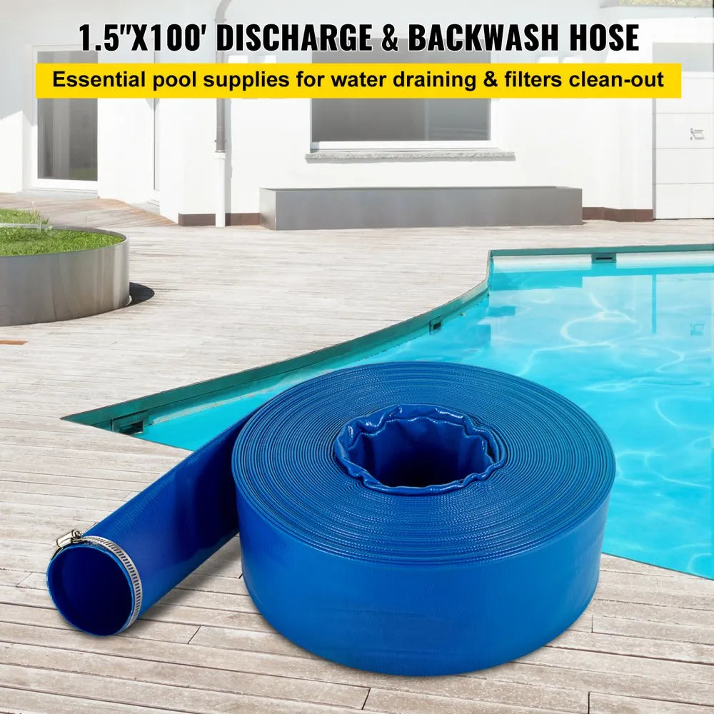 VEVOR Discharge Hose, 1-1/2" x 100', PVC Fabric Lay Flat Hose, Heavy Duty Backwash Drain Hose with Clamps, Weather-proof & Burst-proof, Ideal for Swimming Pool & Water Transfer, Blue