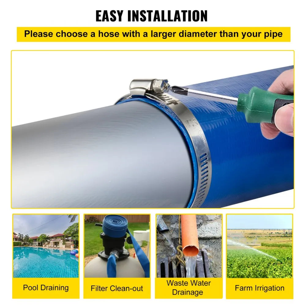 VEVOR Discharge Hose, 1-1/2" x 100', PVC Fabric Lay Flat Hose, Heavy Duty Backwash Drain Hose with Clamps, Weather-proof & Burst-proof, Ideal for Swimming Pool & Water Transfer, Blue
