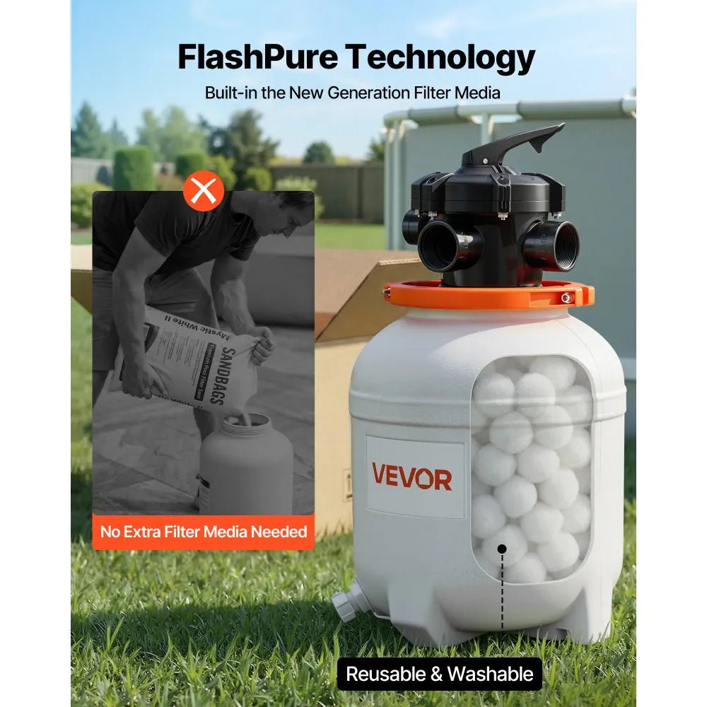 VEVOR FlashPure Sand Filter Pump, 12 in for Above Ground Pool, 0.5 HP 3000 GPH, Swimming Pool Filter System with Timer, 6X Faster Filtration, Media Installed, Leak-Resistant, Ready to Use Out of Box
