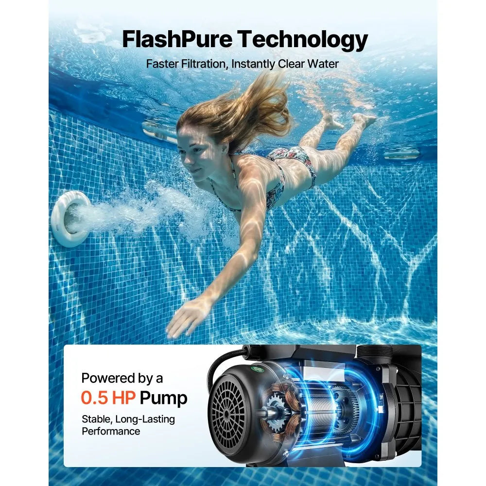 VEVOR FlashPure Sand Filter Pump, 12 in for Above Ground Pool, 0.5 HP 3000 GPH, Swimming Pool Filter System with Timer, 6X Faster Filtration, Media Installed, Leak-Resistant, Ready to Use Out of Box