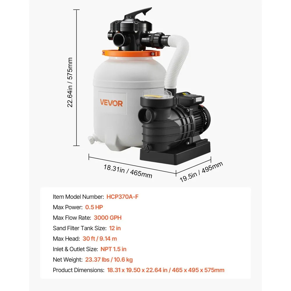 VEVOR FlashPure Sand Filter Pump, 12 in for Above Ground Pool, 0.5 HP 3000 GPH, Swimming Pool Filter System with Timer, 6X Faster Filtration, Media Installed, Leak-Resistant, Ready to Use Out of Box