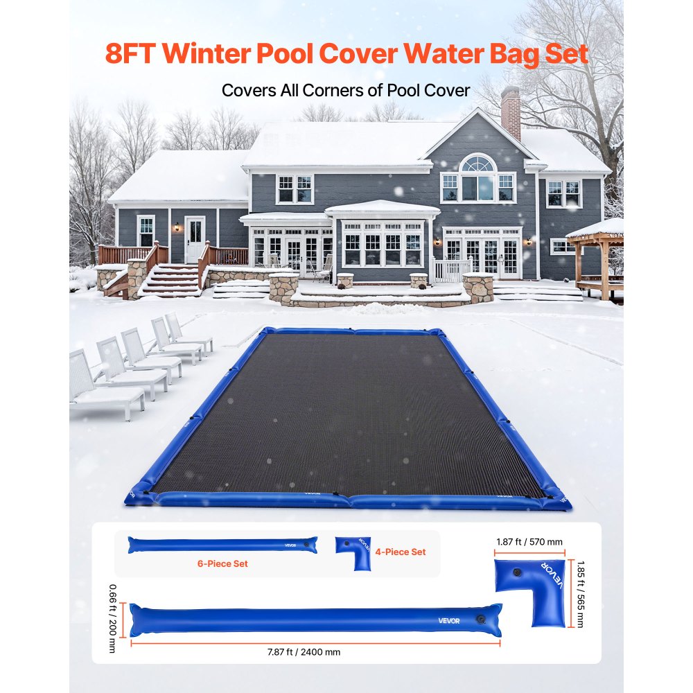VEVOR Pool Cover Water Bags Set, 6 Packs 8 Ft Single Chamber Pool Cover Water Bags & 4 Corner Tubes, 0.4mm Thick PVC Bag Weights with Leakproof Valve, for Winter Inground Swimming-Pool Covers