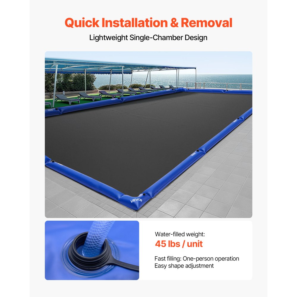 VEVOR Pool Cover Water Bags Set, 6 Packs 8 Ft Single Chamber Pool Cover Water Bags & 4 Corner Tubes, 0.4mm Thick PVC Bag Weights with Leakproof Valve, for Winter Inground Swimming-Pool Covers