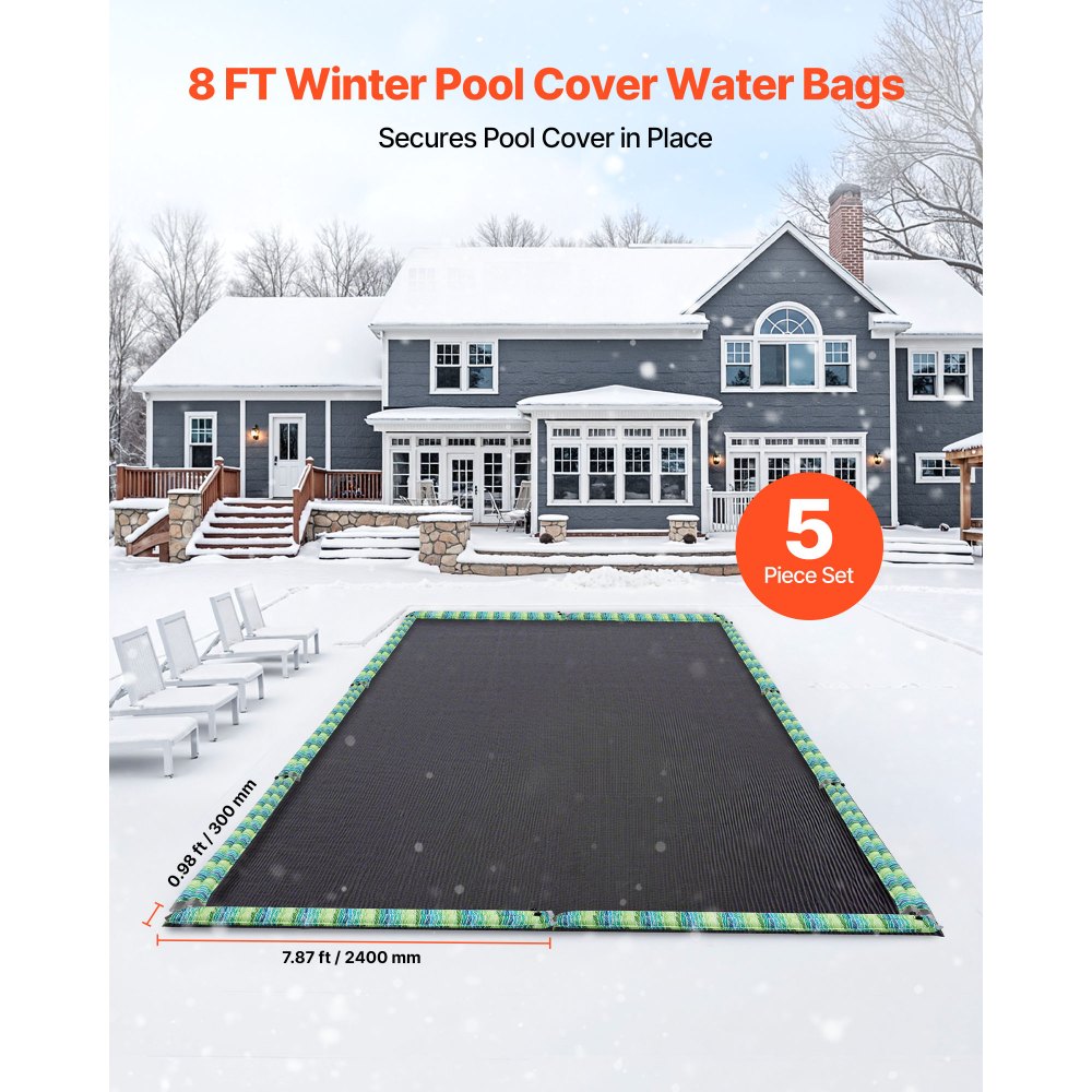 VEVOR Pool Cover Water Bags, 5 Packs 8 Ft, Double Chamber Pool Cover Water Tubes with Reflective Strips, 0.3mm Thick PVC Bags Weights with Leakproof Screw Cap, for Winter Inground Swimming-Pool Covers