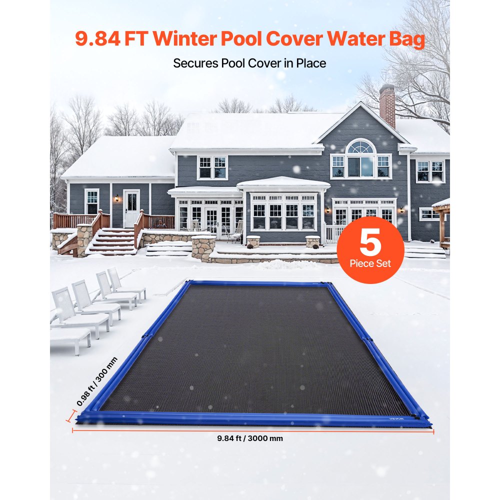 VEVOR Pool Cover Water Bags, 5 Packs 10 Ft, Double Chamber Pool Cover Water Tubes, 0.4mm Thick PVC Bags Weights with Leakproof Screw Cap, for Inground Swimming-Pool Covers Winter Closing, Blue