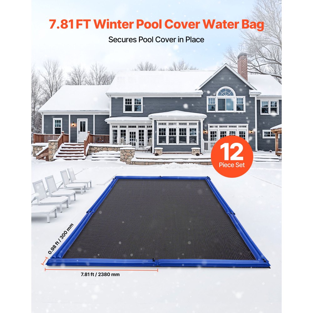 VEVOR Pool Cover Water Bags, 12 Packs 8 Ft, Double Chamber Pool Cover Water Tubes, 0.4mm Thick PVC Bags Weights with Leakproof Screw Cap, for Inground Swimming-Pool Covers Winter Closing, Blue