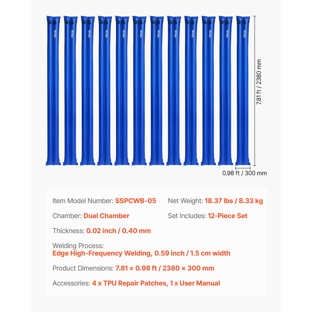 VEVOR Pool Cover Water Bags, 12 Packs 8 Ft, Double Chamber Pool Cover Water Tubes, 0.4mm Thick PVC Bags Weights with Leakproof Screw Cap, for Inground Swimming-Pool Covers Winter Closing, Blue