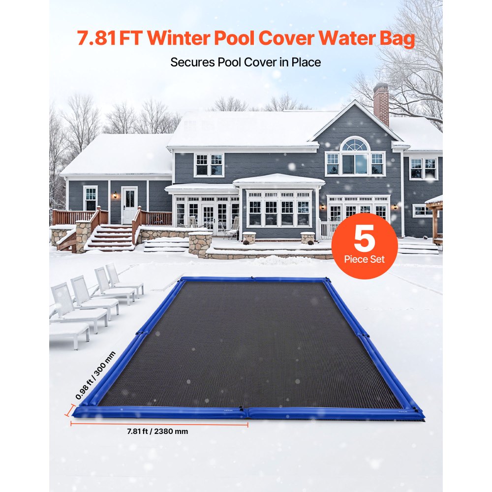 VEVOR Pool Cover Water Bags, 5 Packs 8 Ft, Double Chamber Pool Cover Water Tubes, 0.4mm Thick PVC Bags Weights with Leakproof Screw Cap, for Inground Swimming-Pool Covers Winter Closing, Blue
