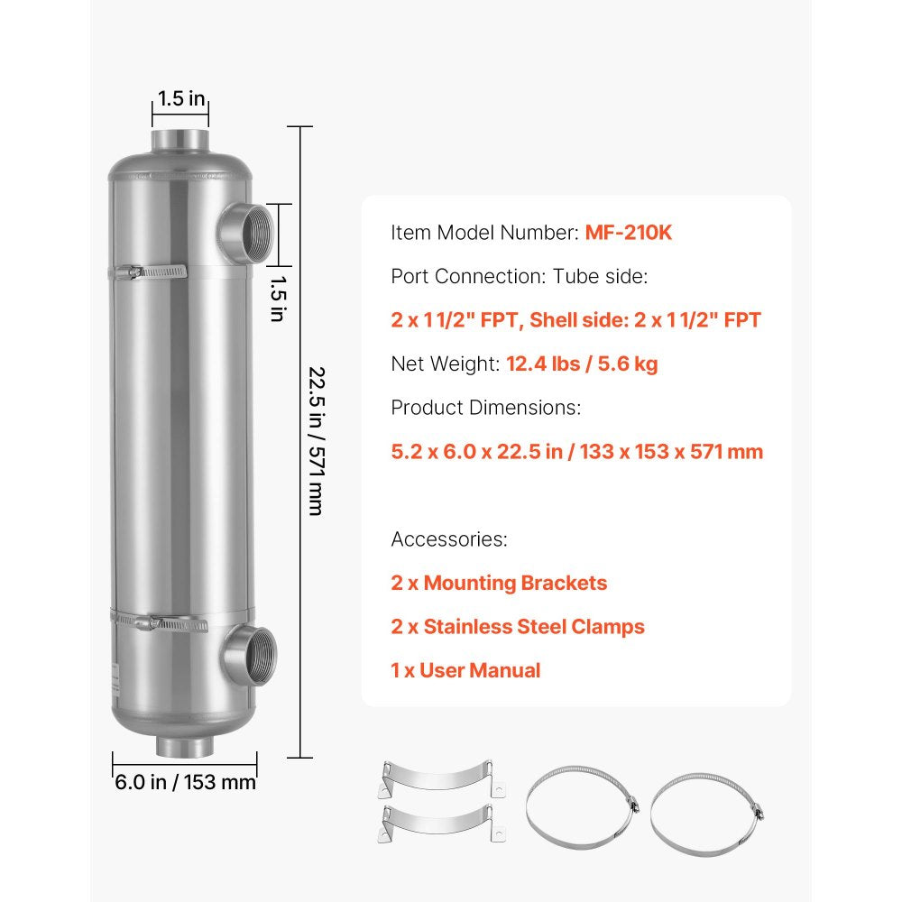 VEVOR Pool Heat Exchanger, 210K BTU Swimming Pool Heater Exchanger, 316L Stainless Steel Construction, High Efficiency Water to Water Transfer Heating System for Spa, Hot Tub, Indoor/Outdoor, Silver