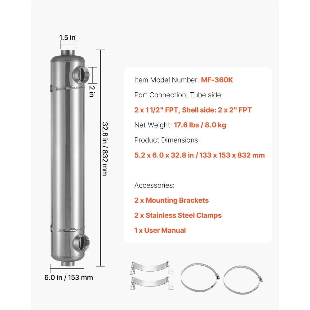 VEVOR Pool Heat Exchanger, 360K BTU Swimming Pool Heater Exchanger, 316L Stainless Steel Construction, High Efficiency Water to Water Transfer Heating System for Spa, Hot Tub, Indoor/Outdoor, Silver