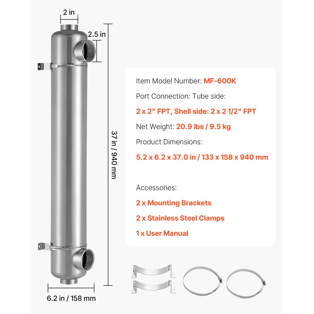 VEVOR Pool Heat Exchanger, 600K BTU Swimming Pool Heater Exchanger, 316L Stainless Steel Construction, High Efficiency Water to Water Transfer Heating System for Spa, Hot Tub, Indoor/Outdoor, Silver