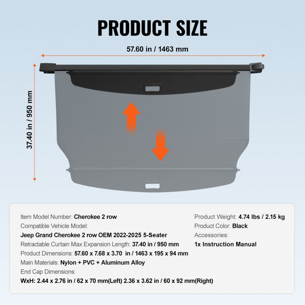 VEVOR Retractable Cargo Cover, Upgraded Waterproof Trunk Cover Security Shield Shade for Jeep Grand Cherokee 2 Row 2022-2025 5-Seater, UV Proof Rear Trunk Cover Aluminum Alloy & PVC Leather Texture
