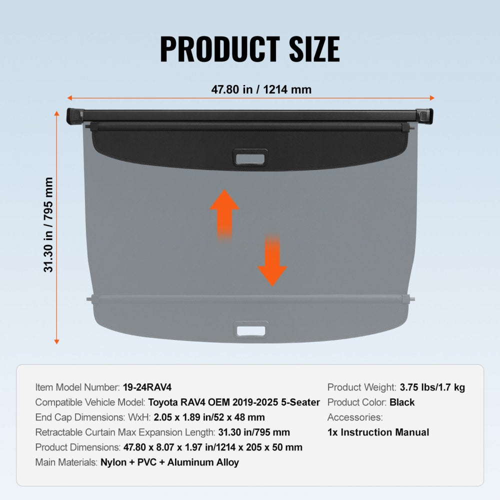 VEVOR Retractable Cargo Cover for Toyota, Upgraded Waterproof Trunk Cover Security Shield Shade for Toyota RAV4 2019-2025 5-Seater, UV Resistant Rear Trunk Cover, Aluminum Alloy & PVC Leather Texture