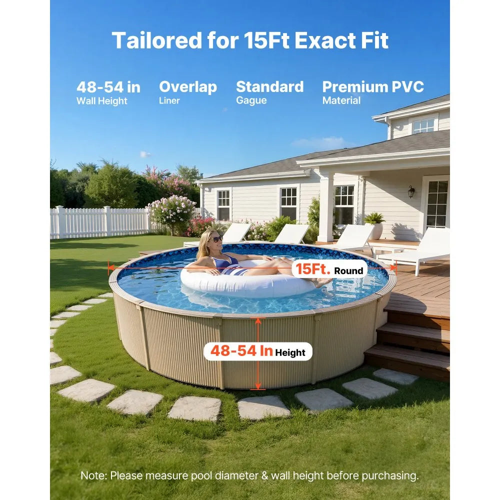 VEVOR 15ft Pool Liner, Round Overlap Swimming Pool Liner for 54 in Wall Height, Premium Vinyl, Easy Install with Leak-Proof Patches, Designed for Steel Sided Above-Ground,Outdoor, Boulder Swirl
