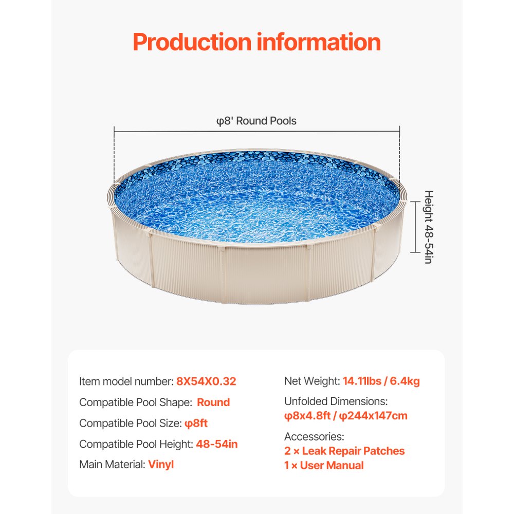 VEVOR 8-ft Round Above Ground Pool Liner, Overlap Pool Liners, Standard Gauge Vinyl, 48-to-54inch Wall Height, Designed for Steel Sided Above-Ground Swimming Pools