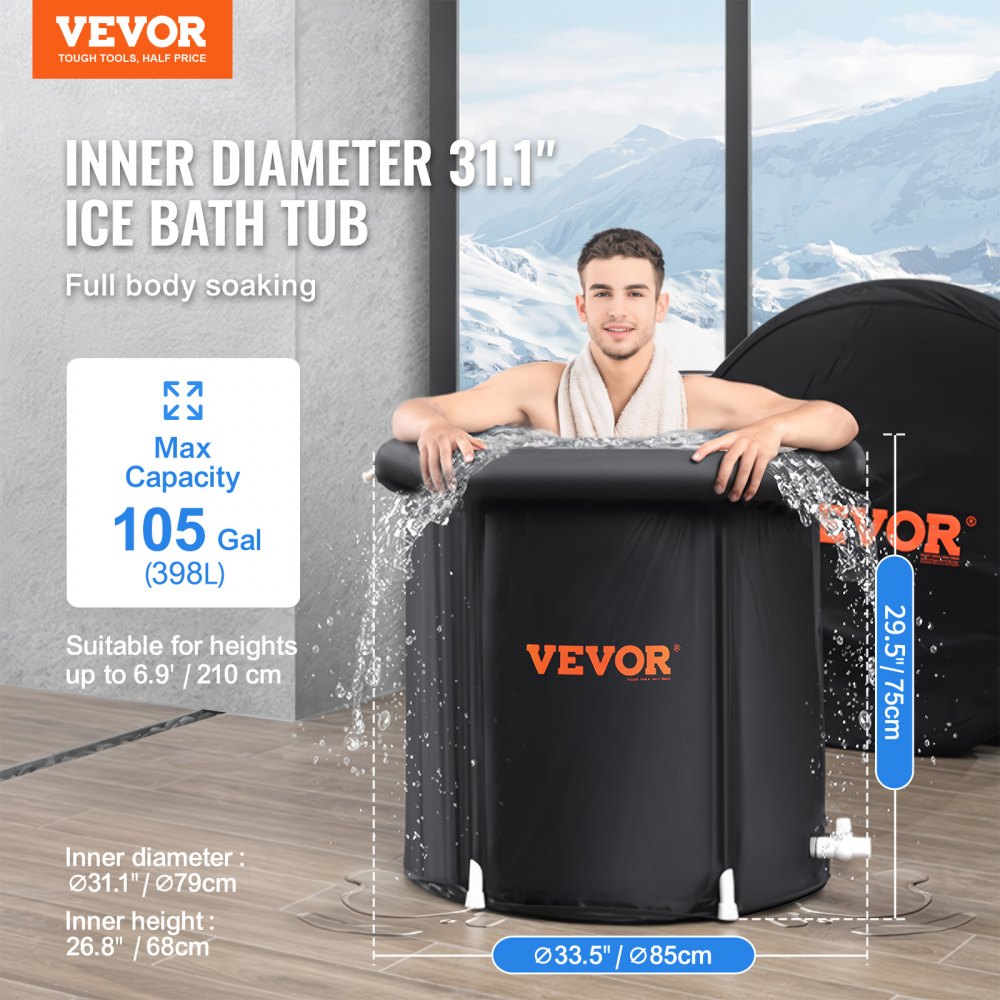 VEVOR Ice Bath Tub, Cold Water Therapy Plunge Tub for Athletes, Portable Outdoor Ice Barrel Plunge Pool for Recovery, 105 Gal Inflatable Folding Bathtub with Cover, Home Ice Pod for Adult, 34"Lx30"H