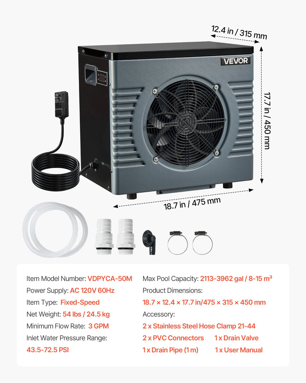 Product size and package accessories overview graphic