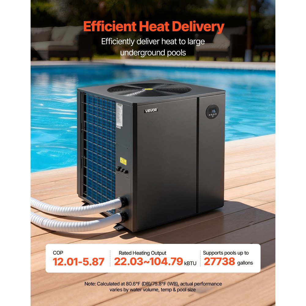 VEVOR Pool Heat Pump Max 104790 BTU, Electric Pool Heater for In-Ground Up to 27738 Gallons, All-DC Inverter Technology, WiFi & App Remote Control, Multiple Protection for Swimming Parties