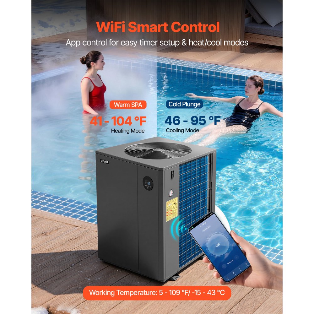 VEVOR Pool Heat Pump Max 104790 BTU, Electric Pool Heater for In-Ground Up to 27738 Gallons, All-DC Inverter Technology, WiFi & App Remote Control, Multiple Protection for Swimming Parties