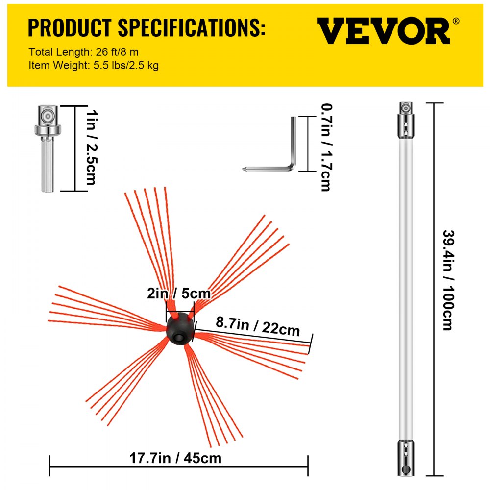 VEVOR Chimney Sweep Kit 26FT Length, Chimney Brush Kit with 8 Nylon Flexible Rods and 2 Brush Head, Rotary Chimney Cleaning Kit Driven by Drill, Chimney Cleaning Tool Kits for Sweeping Fireplace