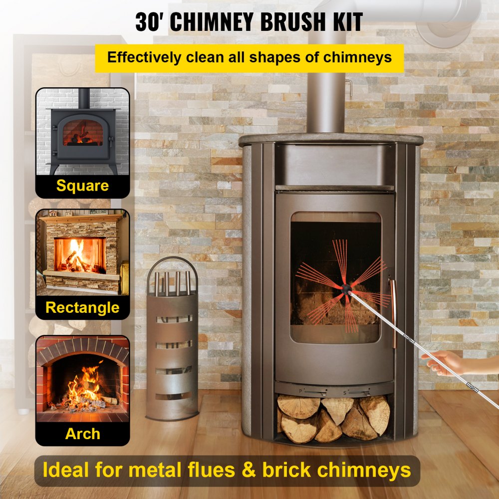 VEVOR Chimney Sweep Kit 30FT Length, Chimney Brush Kit with 9 Nylon Flexible Rods, Rotary Chimney Cleaning Kit Driven by Drill, Chimney Cleaning Tool Kits for Sweeping Fireplace Flue