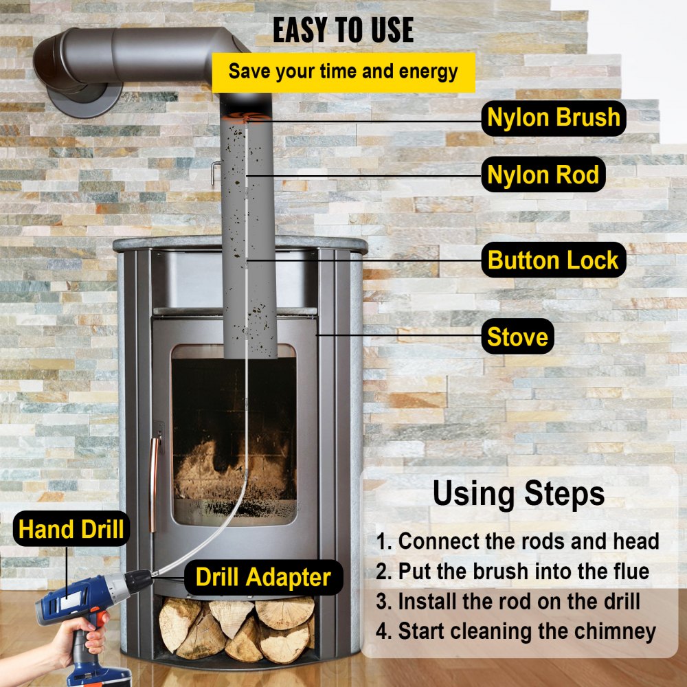 VEVOR Chimney Sweep Kit 30FT Length, Chimney Brush Kit with 9 Nylon Flexible Rods, Rotary Chimney Cleaning Kit Driven by Drill, Chimney Cleaning Tool Kits for Sweeping Fireplace Flue