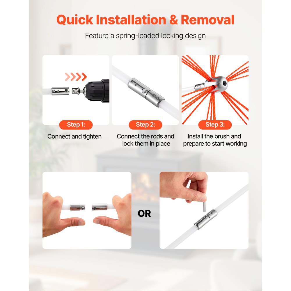 VEVOR Chimney Sweep Kit, 23 ft Maximum Extendable Length Chimney Brush, Chimneys Cleaning Kit with Bristle Replacements & Goggles, 90° Bendable Fireplace Cleaning Tool, for Square, Rectangle Chimneys