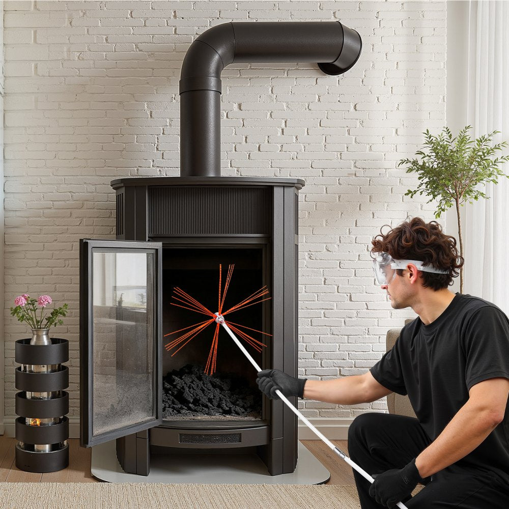 VEVOR Chimney Sweep Kit, 33 ft Maximum Extendable Length Chimney Brush, Chimneys Cleaning Kit with Bristle Replacements & Goggles, 90° Bendable Fireplace Cleaning Tool, for Square, Rectangle Chimneys