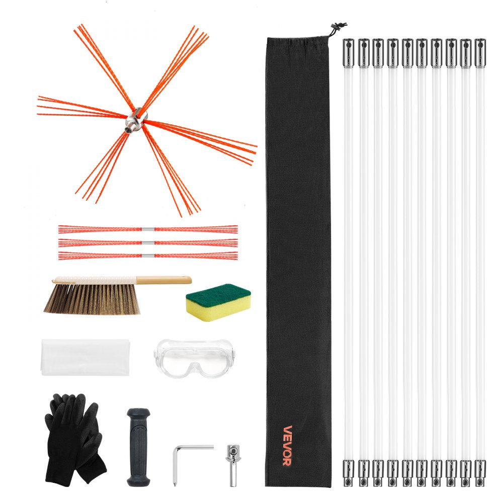 VEVOR Chimney Sweep Kit, 33 ft Maximum Extendable Length Chimney Brush, Chimneys Cleaning Kit with Bristle Replacements & Goggles, 90° Bendable Fireplace Cleaning Tool, for Square, Rectangle Chimneys