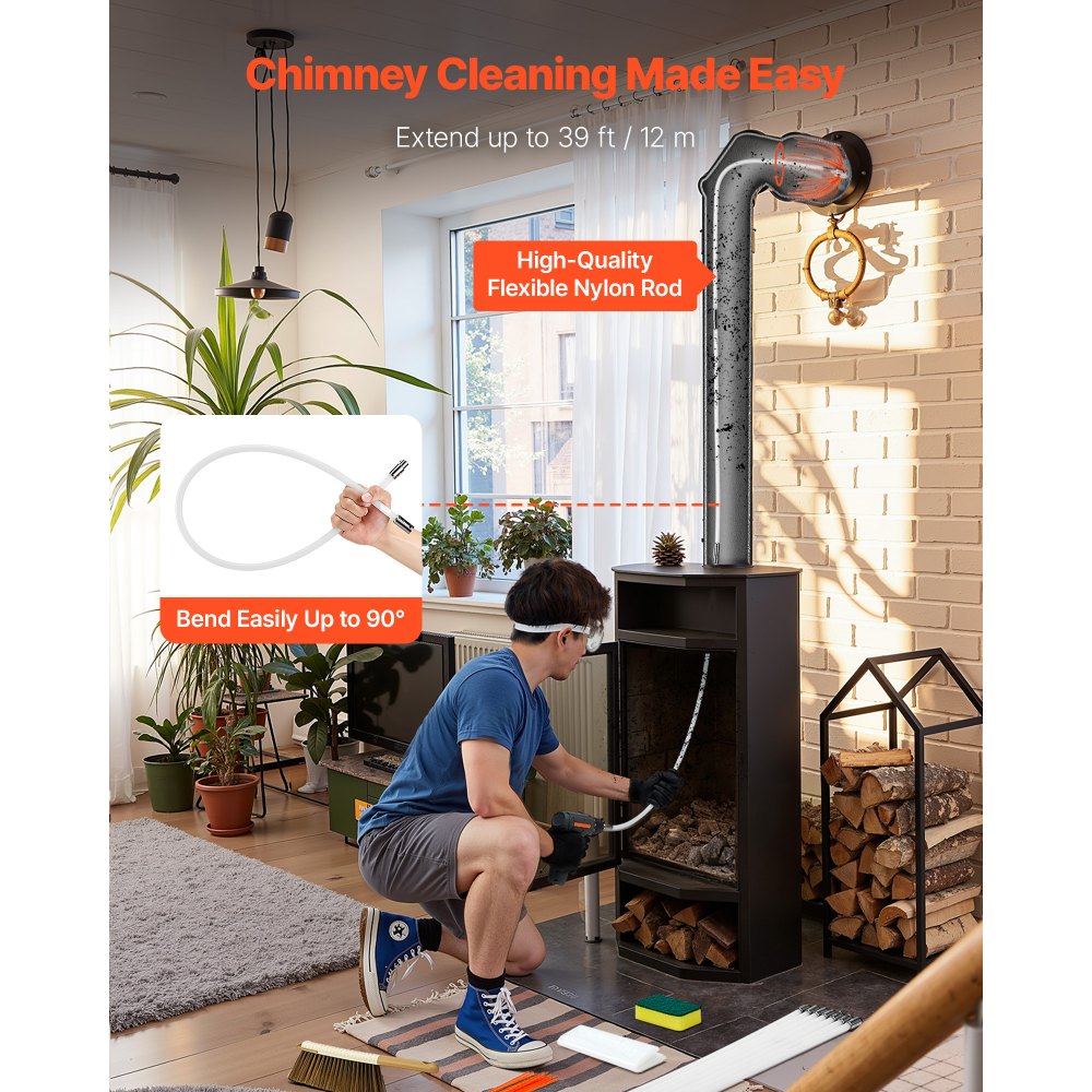 VEVOR Chimney Sweep Kit, 39 ft Maximum Extendable Length Chimney Sweep, Chimneys Cleaning Kit with Bristle Replacements & Goggles, 90° Bendable Fireplace Cleaning Tool, for Square, Rectangle Chimneys
